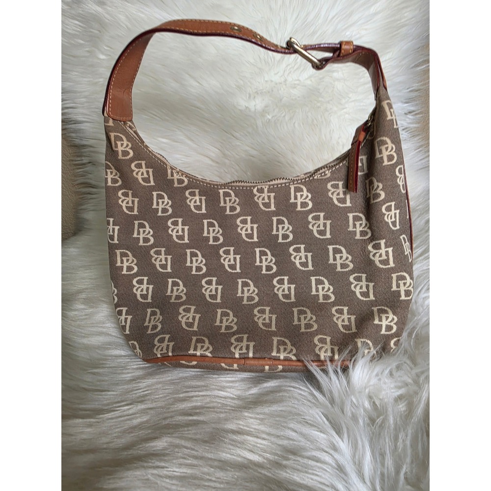 Dooney & Bourke Signature Monogram Canvas Hobo, Shoulder  Brown Tan Leather Y2K